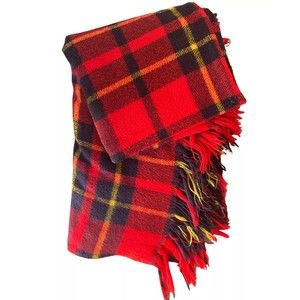 Faribo Wool Blanket 53x40 Plaid Fringed Red Black Made In USA 100% Acrylique